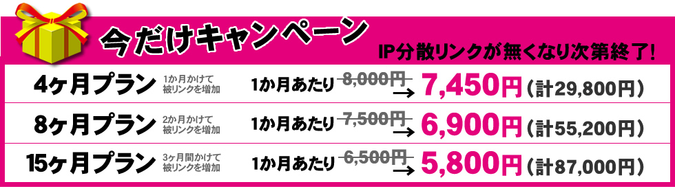 今だけキャンペーン、４ヶ月プラン7,450円（計29,800円）、8ヶ月プラン6,900円（計55,200円）、１５ヶ月プラン、5,800円（計87,000円）