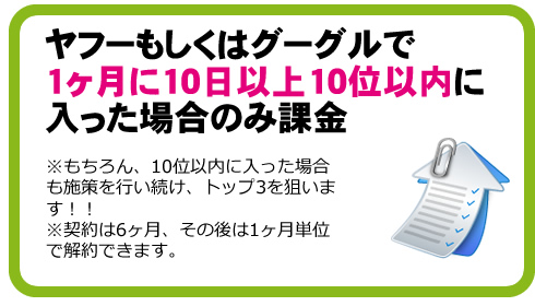 ヤフーもしくはグーグルで1ヶ月に10日以上10位以内に入った場合のみ課金